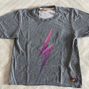 AVIATOR NATION Gray Tee with Purple Ombré Lightning Bolt and AV Logo on Back XS